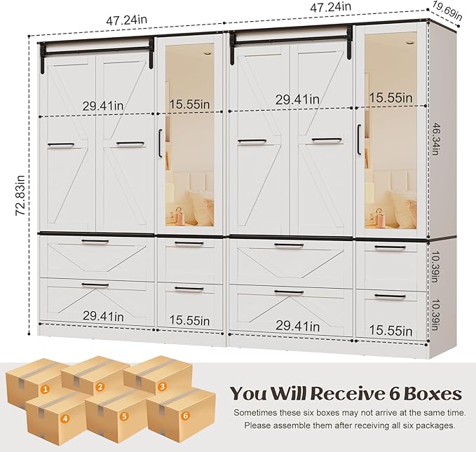 PAKASEPT Armoire Wardrobe Closet with w/Folding Sliding Barn Door, 72.83" H Bedroom Armoires with Mirror and Sensor Lights, Hanging Rod, Wardrobe Closet for Bedroom (6 Doors)