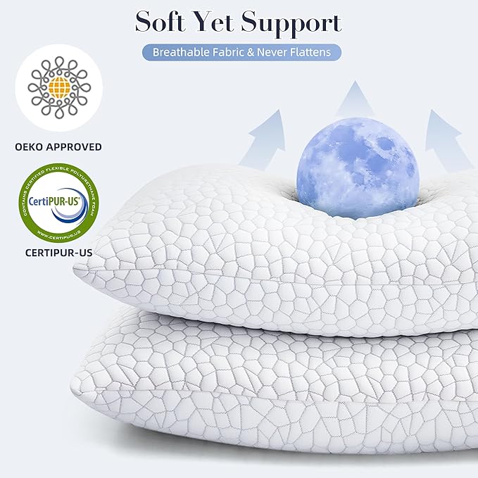 Yettbea Adjustable Shredded Memory Foam Pillows King Size Set of 2, Luxury Bamboo Cooling Pillow w/Washable Zippered Cover, Soft or Firm Support Bed Pillow for Side, Back, Stomach Sleeper
