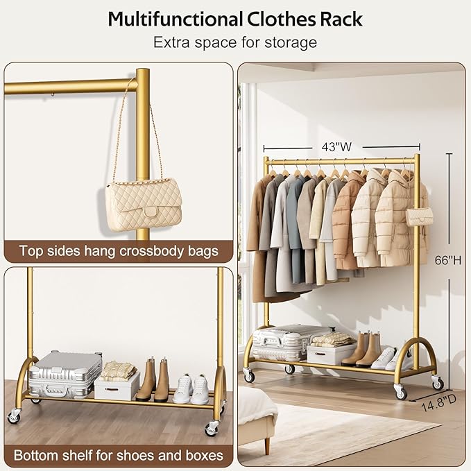MISSLO Heavy Duty Clothing Rack with Wheels Rolling Clothes Racks for Hanging Clothes, Coats, Garment, Dress, Gold