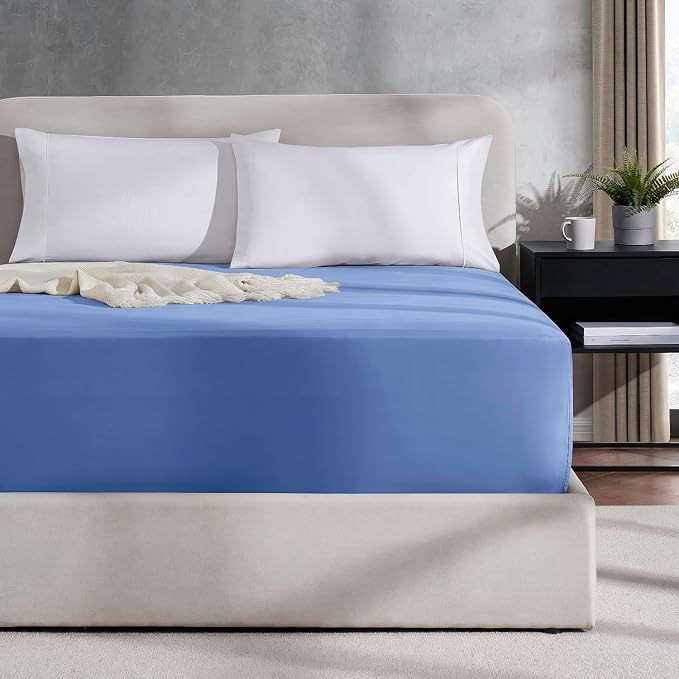Nestl 2 Pack Calm Blue Fitted Sheet Extra Deep Pocket, Hotel Luxury Cal King Fitted Sheet Only Easily Fits 18 to 24 Inch Mattress, Super Soft, Wrinkle-Free and Breathable with Corner Straps