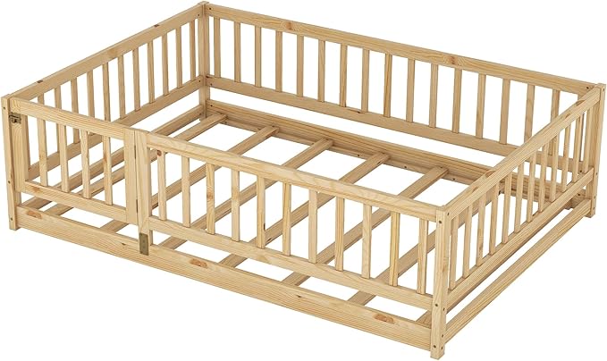 Bellemave Ful Montessori Floor Bed with 21.5" High Rails and Slats, Pine,Plywood Floor Bed with Small Door, Natural