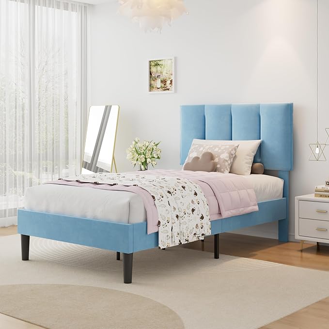 VECELO Twin Size Bed Frame with Upholstered Headboard, Heavy-Duty Bedframe with Wooden Slats & Steel Framework, Easy Assembly, Light Blue