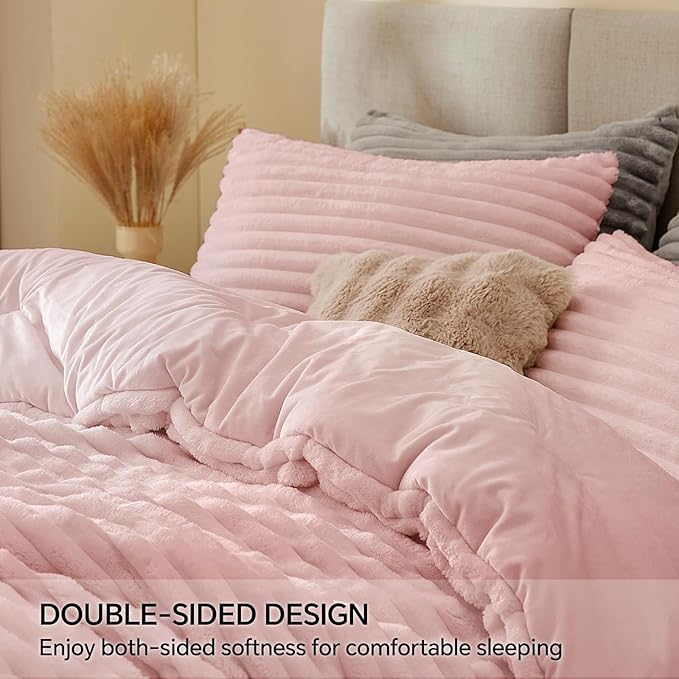 BEDELITE Fleece Full Comforter Set -Super Soft & Warm Fluffy Pink Bedding, Luxury Fuzzy Heavy Bed Set for Winter with 2 Pillow Cases