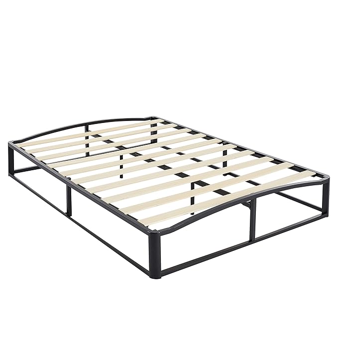 Amazon Basics Metal Platform Bed Frame with Wooden Slats, Steel Support, 6 Inches High, Storage Space, Queen, Black
