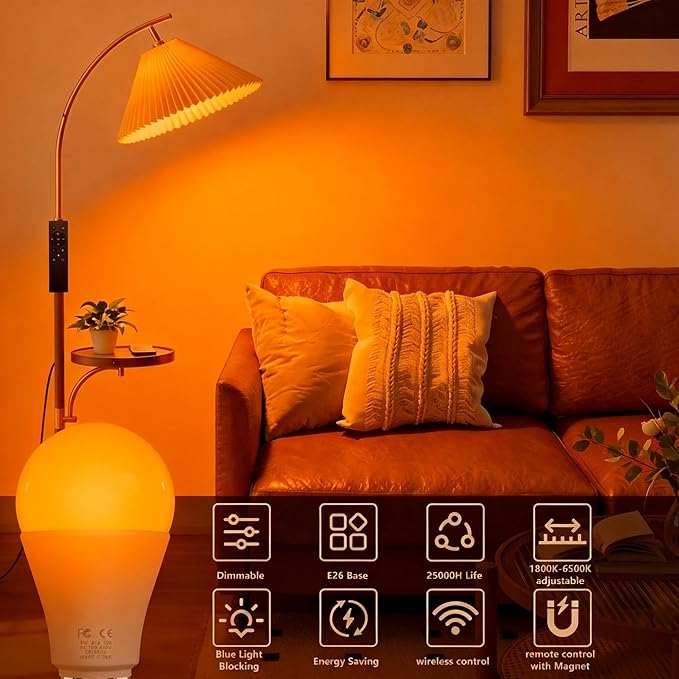 Amber Sleep Light Bulbs with Remote Control, 800LM 9W (60W Equivalent),Circadian Rhythm Light Bulb,Dim,1800K-6500K,E26,2.4G,Warm and Reading Light Bulb for Home Decor,4Bulb&2Remote