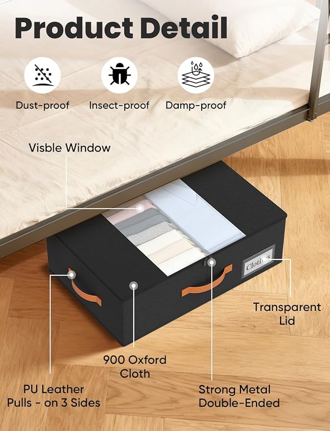 TOSKING 2-Pack Under Bed Storage Bins with Wheels, 4 Vacuum Bags, Heavy Duty 80 lbs, 7.9" Height, 47L Clear Lid Organizer, Space Saver for Dorm Bedroom Clothes Shoes Toys, Quick Assembly, Black