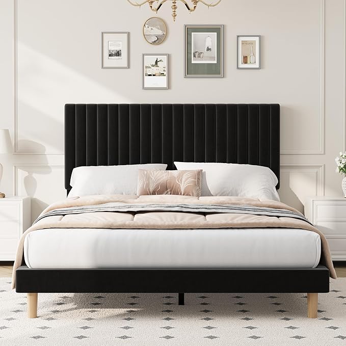 IDEALHOUSE King Bed Frame with Adjustable Headboard, Velvet Upholstered Platform King Size Bed Frame, Vertical Channel Tufted, Strong Wooden Slats, No Box Spring Needed, Easy Assembly, Black