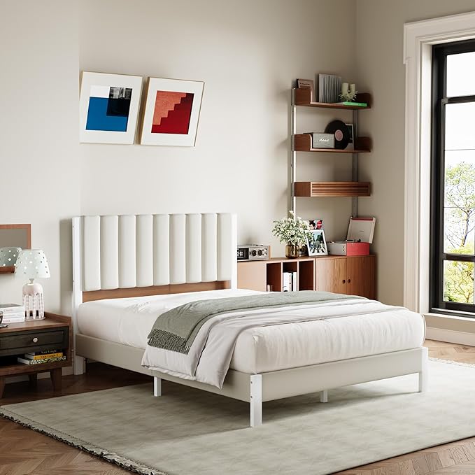 Avenco Full Size Bed Frame with Velvet Upholstered Piano Keys Headboard, Metal Bed Frame Platform Design with Metal Slats for Bedroom Furniture, White