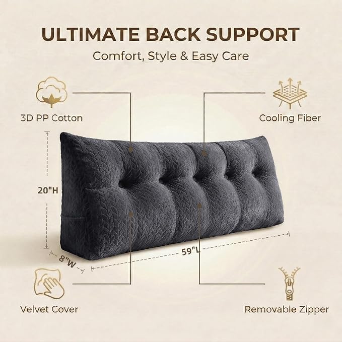 Headboard Pillow Queen Size, Reading Pillow for Bed, Leaf Pattern Wedge Pillow, Tufted Backrest Support, Headboard Substitute, Darkgray