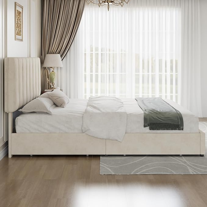 VECELO King Size Bed Frame with 4 Storage Drawers, Adjustable Height Headboard, Heavy-Duty Bedframe with Strong Wooden Slats, No Box Spring Needed, Pale Beige