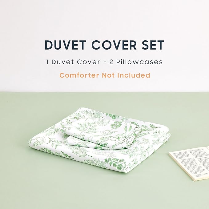 Wake In Cloud - Floral Duvet Cover Set, Botanical Vintage Flower Coquette Cottagecore Aesthetic for Women Teen Girls, Soft Lightweight Bedding, 3-Piece, Light Green, Queen Size