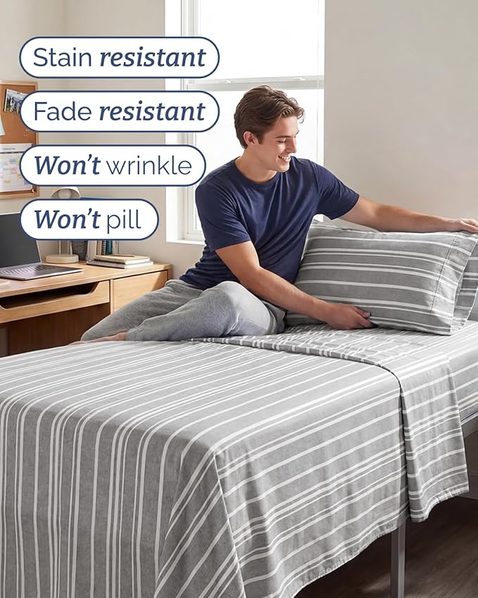 Twin XL 4 Piece Sheet Set - Comfy, Breathable & Cooling - Soft Hotel Luxury Bedding for Women, Men, Kids, Teens & Children - 1 Flat & 1 Fitted Sheet & 2 Pillowcases w/ Deep Pockets - Grey Stripes 3