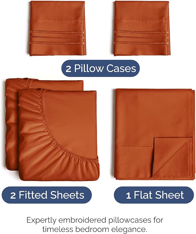Split King Size 5 Piece Sheet Set - Comfy Breathable & Cooling Sheets - Hotel Luxury Bed Sheets for Women & Men - Deep Pockets, Easy-Fit, Soft & Wrinkle Free Sheets - Terracotta Oeko-Tex Bed Sheets