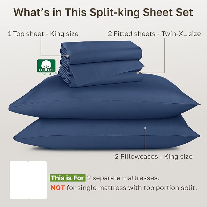 California Design Den Split King Sheets Sets for Adjustable Bed - Luxury Hotel 800 Thread Count Sateen, Natural 100% Cotton Bed Sheets, Deep Pockets & Durable Bedding Set - Classic Blue
