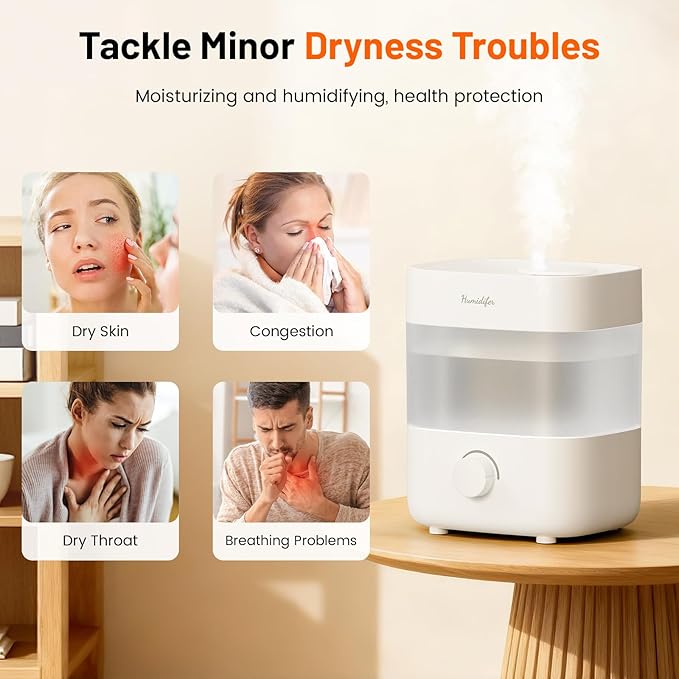 Humidifiers for Bedroom, 2L Tank for 15H, 20dB Quiet Mist Time, 7 Color Light, 360° Rotating Nozzles, Auto Shut-Off, Rotate to Adjust Mist, Top Fill Humidifier for Baby Nursery and Plant (White)