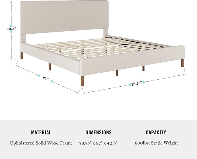 Martha Stewart Britta Platform Bed with Headboard & Footboard, Faux Linen Upholstery with Piping Detail, Rounded Headboard, No Box Spring Needed, King, Beige