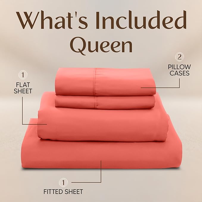 Utopia Bedding Queen Size Sheet Set – 4 Piece Bed Sheets, Soft and Breathable Microfiber, Includes 1 Fitted Sheet, 1 Flat Sheet and 2 Pillowcases – Oeko Tex (Coral)