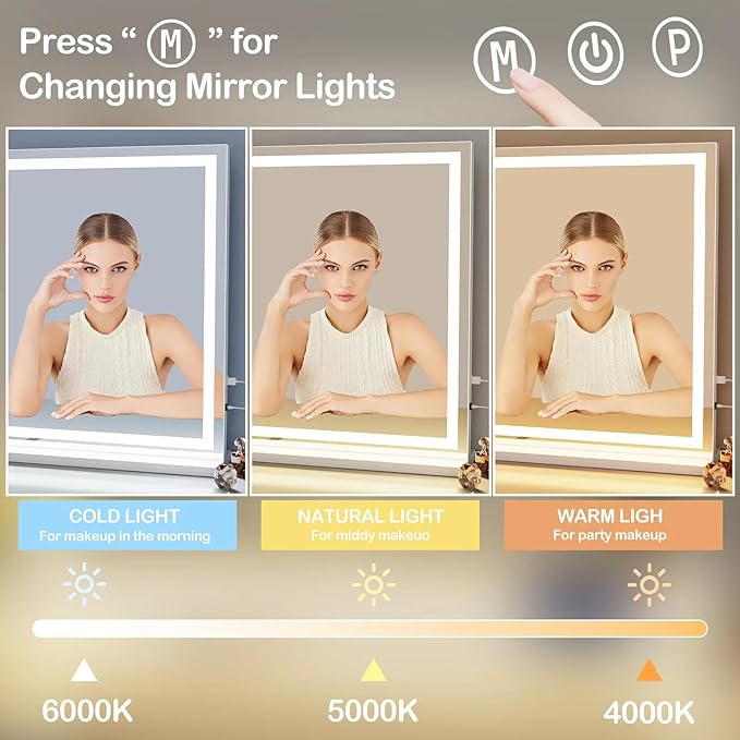 Gvnkvn Makeup Vanity Mirror with Lights 32" x 24" Large LED Makeup Mirror, Light up Mirror with 10X Magnification and USB Charging Port, Dimmable 3 Modes, Touch Screen Control Square Corner