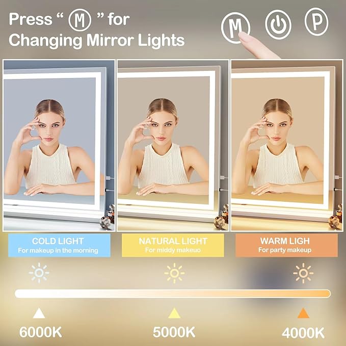 Gvnkvn Makeup Vanity Mirror with Lights 20" L x 26" W Large LED Makeup Mirror, Light up Mirror with 10X Magnification and USB Charging Port, Dimmable 3 Modes, Touch Screen Control Gold