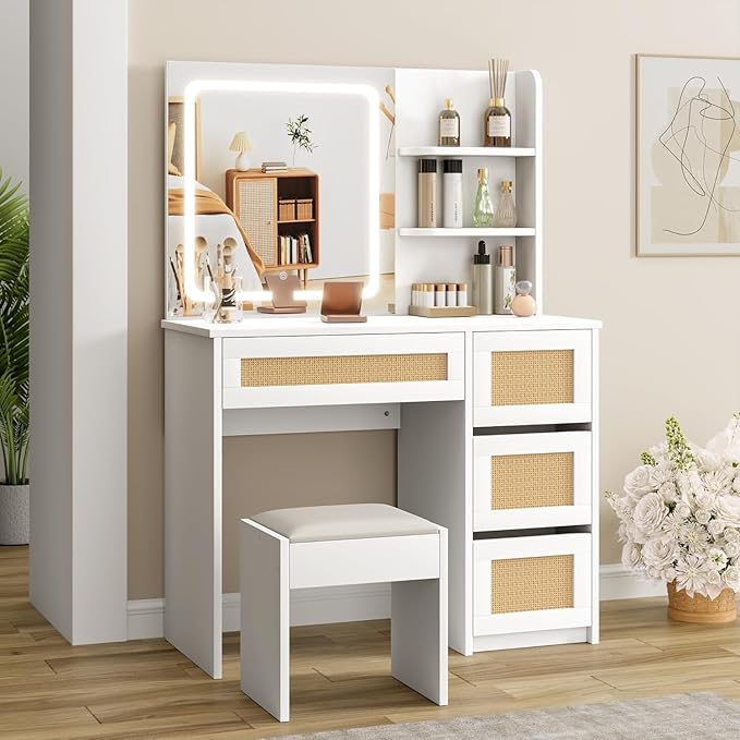 GarveeHome Rattan Vanity with Mirror, Makeup Vanity Desk with Adjustable LED Light, Large Storage Space and4 Drawers, 2 Tiers of Open Shelves for Bedroom in White & Natural