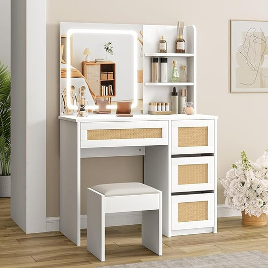 GarveeHome Rattan Vanity with Mirror, Makeup Vanity Desk with Adjustable LED Light, Large Storage Space and4 Drawers, 2 Tiers of Open Shelves for Bedroom in White & Natural