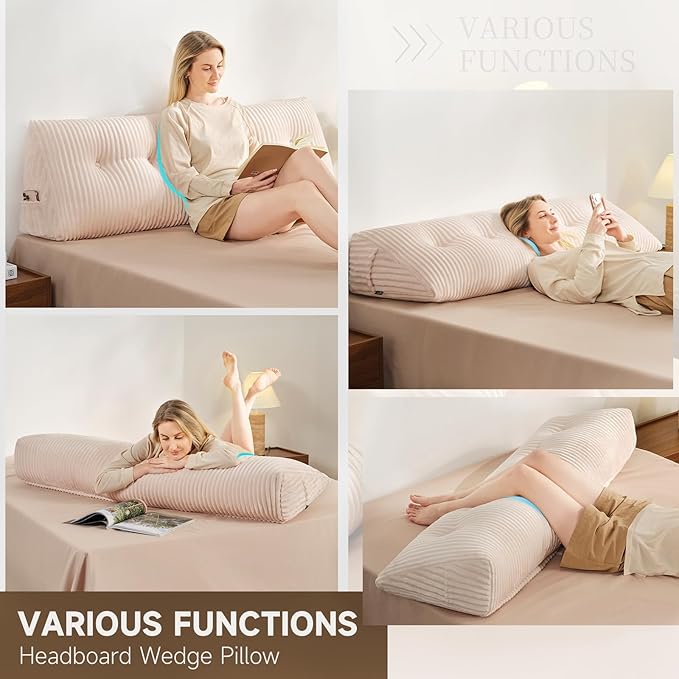 Z-hom Large Headboard Pillow Full, NO ROLL Pillow, Wedge Pillow Headboard for Sitting Up in Bed, Backrest Support Triangular Cushion for Reading, Gap Pillow w/Removable Washable Cover,Cream