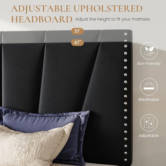 SHA CERLIN Full Size Bed Frame with Adjustable Upholstered Velvet Rivets Headboard, Sturdy Wooden Slats, Strong Platform Support for Mattress, No Box Spring Needed, Easy Assembly, Black