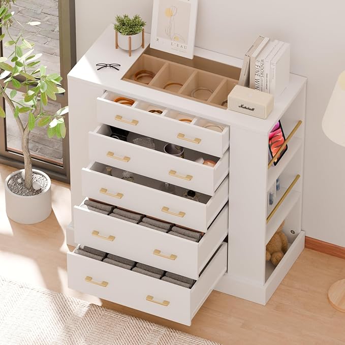Closet Island with Glass Top, LED Lights and Jewelry Display, Bedroom Island with Open Shelves, Drawers Dresser & Walk-in Closet Island for Bedroom, Cloakroom, White 2