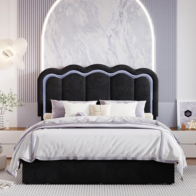 SHA CERLIN Upholstered Full Size Bed Frame with LED Lights and Large Storage Drawer, Velvet Platform Bed with Adjustable Wavy Headboard, Noise Free, Easy Assembly, No Box Spring Needed, Soft Black