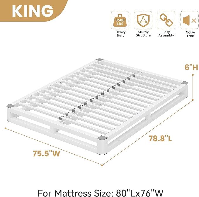 6 Inch King Size Bed Frame with Rounded Corner and Squeak Free U-Slot Design, Metal Platform Bed Frames 6 Non-Slip Guards, 3500lbs Heavy Duty Steel Slat Support, No Box Spring Needed, White