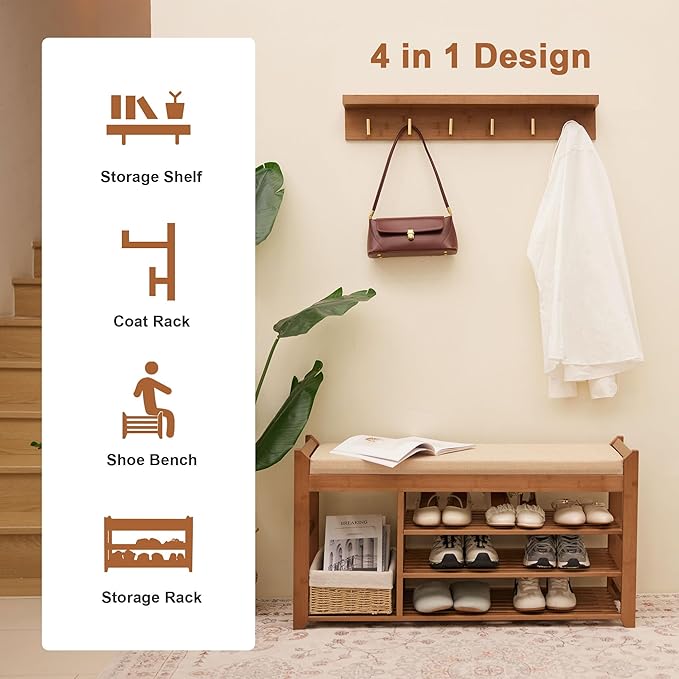 PETKABOO Hall Tree with Bench and Shoe Storage, Coat Rack Shoe Bench Set with Seat Cushion and 6 Hooks for Entryway, Hallway, Living Room and Bedroom