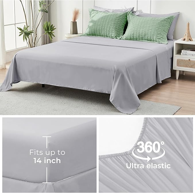 HYMOKEGE Sage Green/Light Grey Queen Comforter Set Seersucker 7 Pieces, All Season Luxury Bed in a Bag Queen for Bedroom, Bedding Set with Comforter, Sheets, Pillowcases & Shams