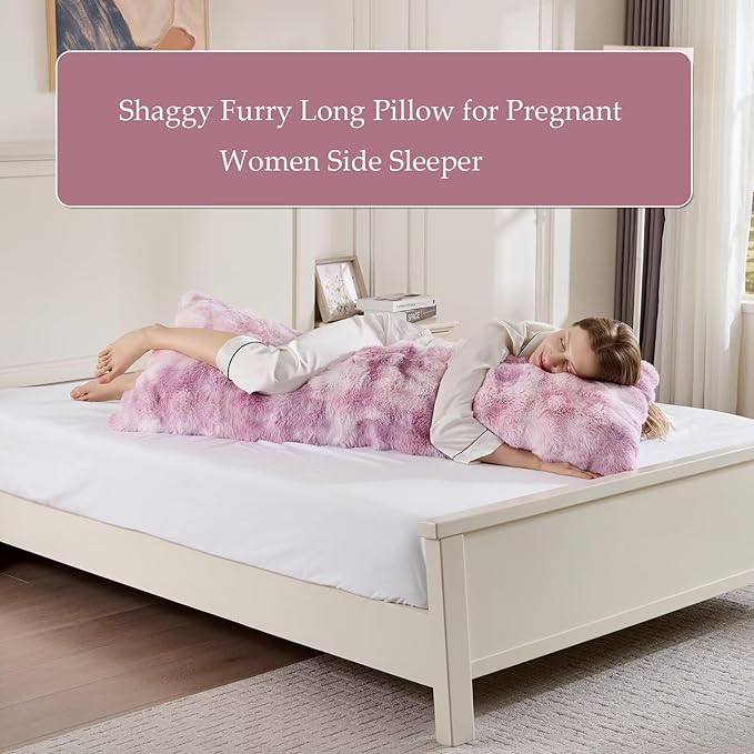 Luxury Shaggy Faux Fur Body Pillow,Fluffy Bed Pillow with Zipper Closure,Soft Decorative Plush Full Long Pillows,Fuzzy Hug Pillow for Living Room Side Sleeper & Pregnancy 20"x54" Tie-dye Lavender