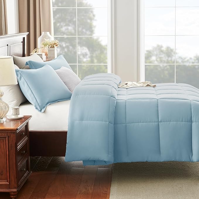CozyLux King Size Comforter Set - 270GSM Light Blue Bedding Sets for All Seasons Size, 3 Pieces Box Stitched Bed Set with 1 Down Alternative Comforter and 2 Pillow Shams, Soft, Lightweight, Durable