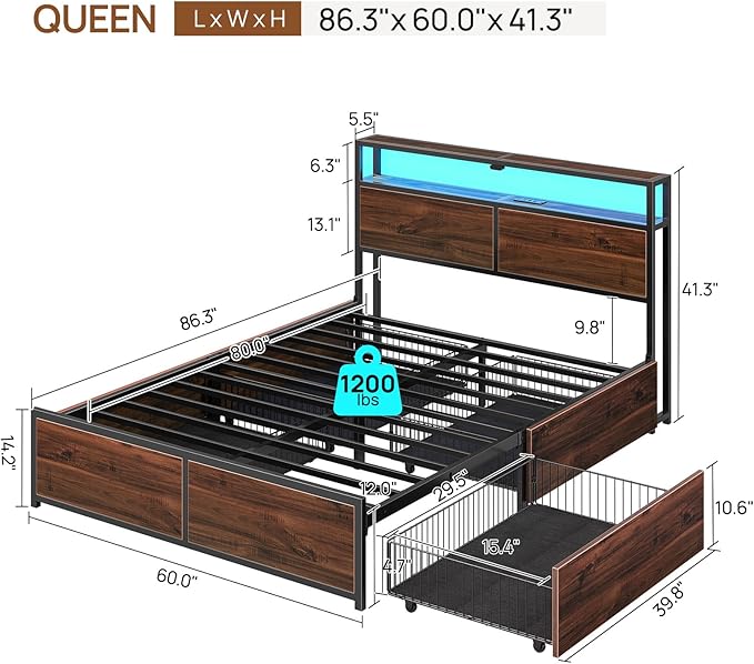 Rolanstar Queen Bed Frame with 4 Storage Drawers & 2-Tier Storage Headboard, Metal Platform Bed Frame with Charging Station & LED Lights, Noise-Free, No Box Spring Needed, Easy Assembly, Espresso