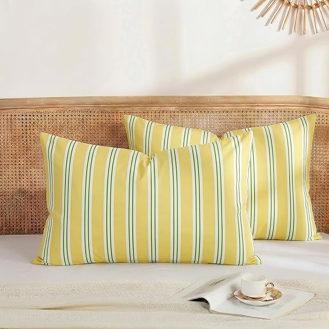 Merryword Standard Size Pillowcases, 100% Cotton Pillow Cases, Yellow and Green Striped Pillowcases, Soft Breathable Ribbon Stripe Pillow Covers, Set of 2