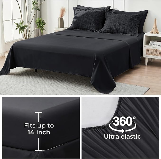 HYMOKEGE Black King Size Comforter Set Seersucker 7 Pieces, All Season Luxury Bed in a Bag for Bedroom, Bedding Set with Comforters, Sheets, Pillowcases & Shams