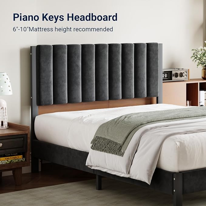 Avenco Full Size Bed Frame with Velvet Upholstered Piano Keys Headboard, Metal Bed Frame Platform Design with Metal Slats for Bedroom Furniture, Black