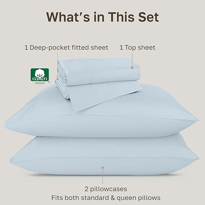 California Design Den Cotton Bed Sheets Queen Size Set - Luxury Hotel 800 Thread Count Sateen, Natural 100% Cotton Sheets Queen Size Set, Durable Deep Pockets Bedding Set - Blue (Grey Tone)