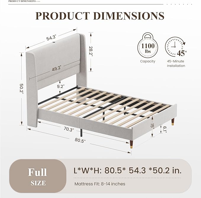 MALOL Full Size Bed Frame with Upholstered Headboard, Linen Fabric Platform Bed Frame with USB Charging Ports, No Box Spring Needed, Sturdy Metal Support, Noise Free, Modern Bedroom Furniture,Grey