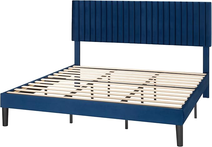 SHA CERLIN King Upholstered Platform Bed Frame with Vertical Channel Tufted Velvet Fabric Adjustable Headboard, Wooden Slats Support, Mattress Foundation, Box Spring Optional, Blue