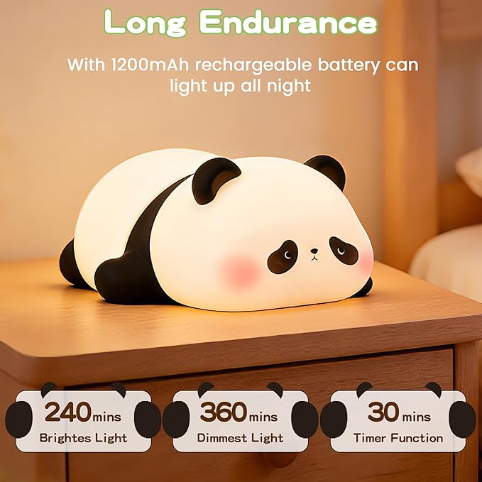 FAMIDUO Panda Night Light for Kids, Silicone Squishy LED Lamp, Food Grade BPA-Free Nursery Nightlight, 3-Level Dimmable Rechargeable, Portable Bedside Desk Decor for Baby Boys Girls, Funny Panda Gifts