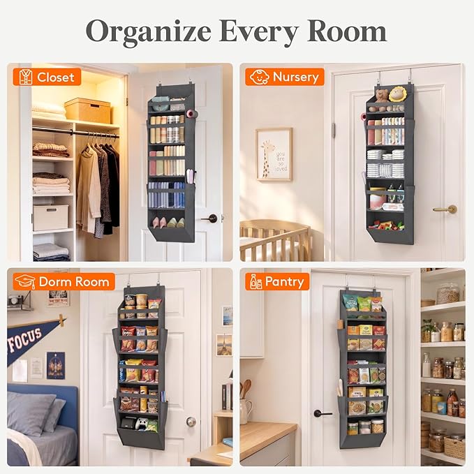 Lifewit 1 Pack Over the Door Organizer, 5 Section Clear Window Hanging Storage with 4 Side Pockets, Sturdy Anti Tilt 40 lbs Load Behind Door for Closet, Bedroom, Bathroom, Nursery, Dorm, Gray