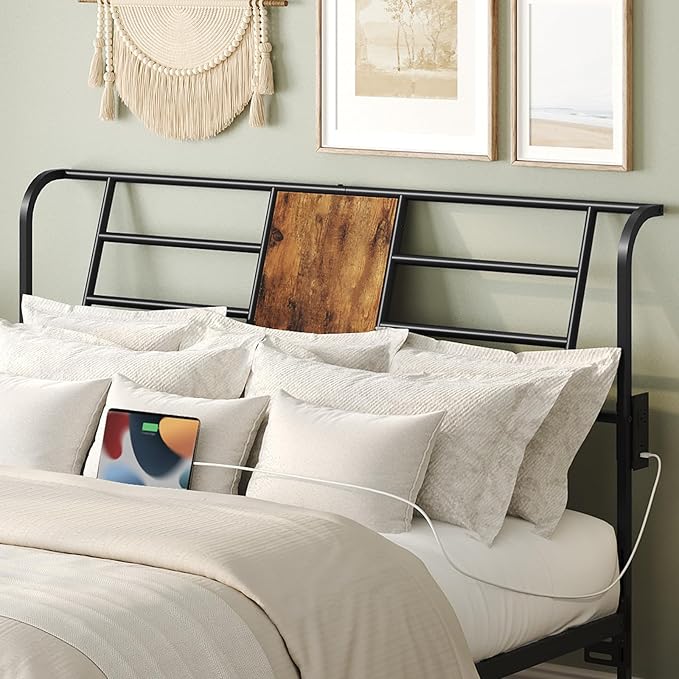 MAHANCRIS Queen Size Headboard Only, Metal Headboard with 2 Power Strips, Reclining Backrest, with Bed Frame Adapters, Easy Assembly, Rustic Brown and Black