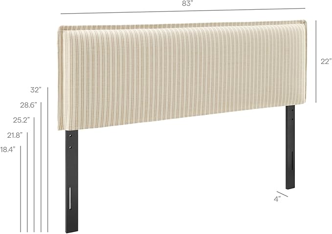 Modway Camille King Size Striped Linen Blend Pinstripe Headboard with Removable Slipcover – in Oatmeal Stripe - Padded Pillow Style Headboard with Adjustable Mounting for King Beds