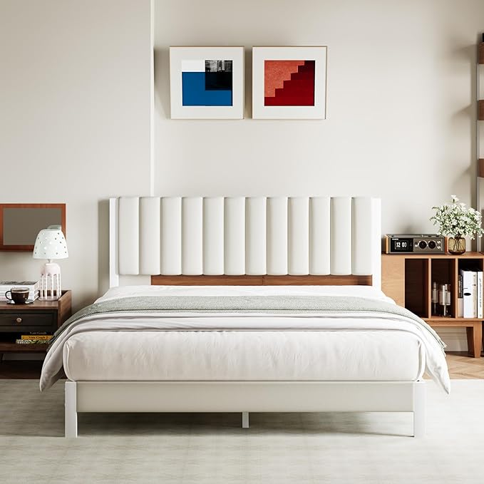 Avenco King Size Bed Frame with Velvet Upholstered Piano Keys Headboard, Metal Bed Frame Platform Design with Metal Slats for Bedroom, White