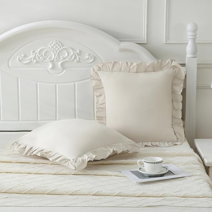 Merryword Beige Pillowcases 18x18 Throw Pillow Covers Pack of 2 Soft Microfiber Ruffle Decorative Pillowcase Cushion for Couch Sofa Bedroom