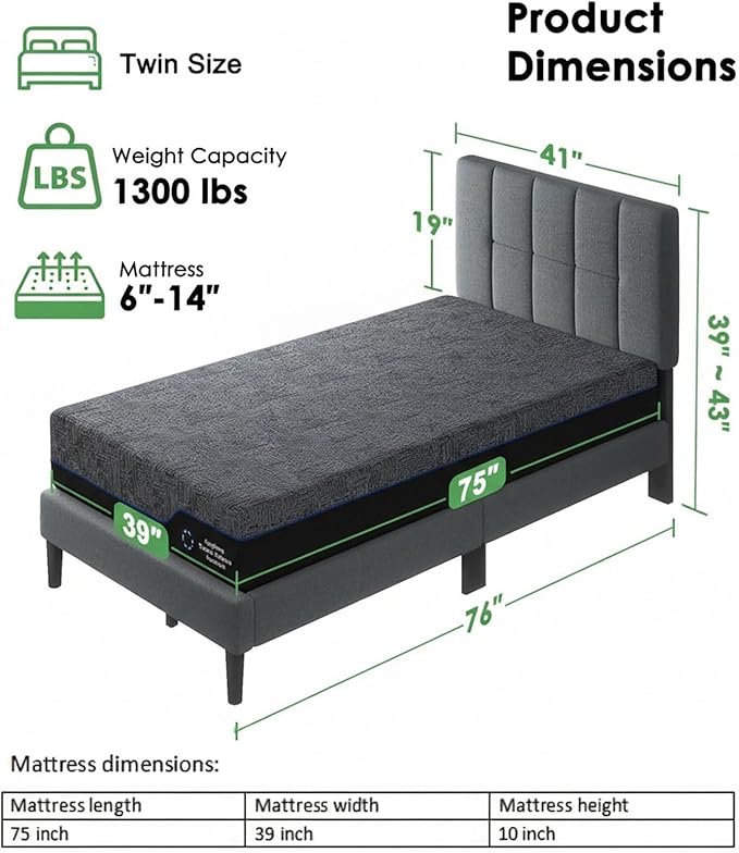 Marsail Twin Size Bed Frame and Mattress Set with Adjustable Upholstered Headboard and 10″ Memory Foam Mattress, Sturdy and Durable,12 Support Legs,with Graphene Fabric and Cooling Gel, Dark Gray