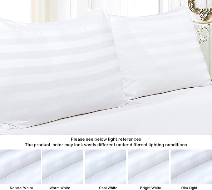 100% Egyptian Cotton King Pillow Protectors Set of 4, 400 Thread Count Sateen Weave White Pillowcase, Easy Care Zippered Style Pillow Covers (4 Pack, Stripe-White, King)