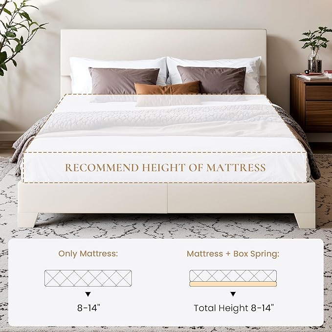 SHA CERLIN Full Size Bed Frame with Adjustable Headboard, Faux Leather Upholstered Platform Bed with Wood Slats, Stable Mattress Foundation,No Box Spring Needed, Off-White